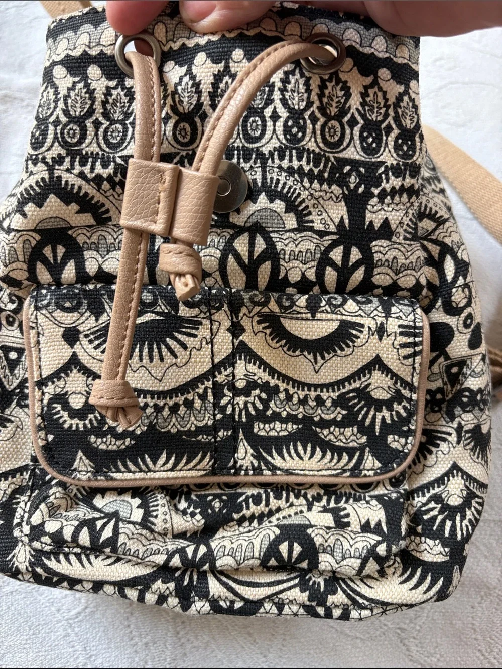 Sakroots Black & Cream Patterned Canvas Drawstring Backpack